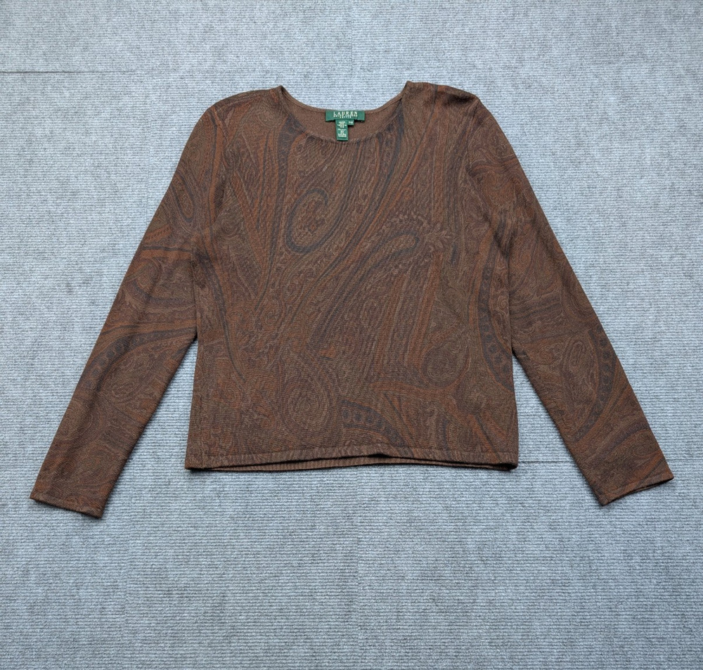 Ralph Lauren Sweater Womens Medium Petite Silk Cashmere Brown Paisley Old Money